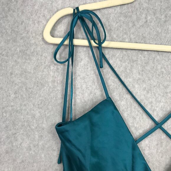 Jason Wu Midi Slip Dress Large‎ Blue Satin Ruched Strappy Silky Criss Cross Back - Picture 3 of 12